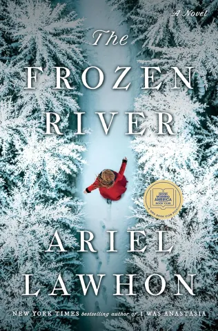 Book Cover of The Frozen River by Ariel Lawhon. An arial view of a person in a red coat walking down a snow covered path