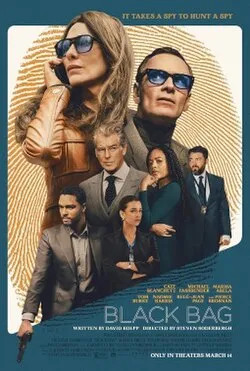 Move poster for Black Bag. There is a collage of people in the center, with a golden thumbprint in the background