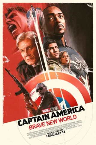 Movie poster for Captain America: Brave New World. On a red background there is an arrangement of characters, with the Captain America shield in the front
