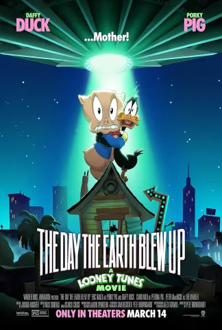 Movie poster for The Day the Earth Blew Up. The cartoon characters are holding each other with scared expressions as they appear to be abducted by aliens