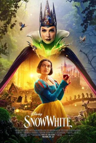 Movie poster for Snow White. The main character is in the foreground holding up an apple and looking over her shoulder. Above her is an image of an evil queen overlooking her. between the two characters is an overlapping collage of scenery from the movie