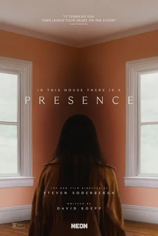 Movie poster for Presence. There is a woman with her back towards the viewer, looking into the dark corner of a room. The walls are pink, and there are windows on either wall.