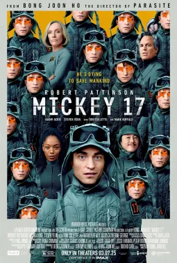 Movie Poster for Mickey 17. On a yellow background. there are sixteen copies of the same actor with different facial expressions. One additional image of the actor is in the front
