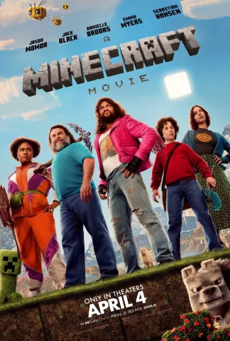 Minecraft movie poster. Five human characters from the movie are standing in superhero-like poses while some animated characters can be found in the background and foreground