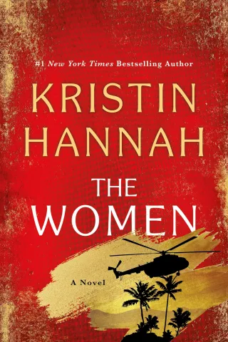 the cover of a book: The Women by Kristin Hannah. ON a red background there are smudges of Gold, with a silhouette of palm trees and a helicopter in the bottom right corner