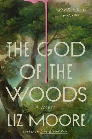 A green book cover, with an image of a tree in a wooded area. There is a pink paint drip going down the middle of the image.