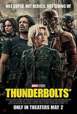A group of individuals standing in a group, looking off to the sides of the camera. The title "Thunderbolts" is in yellow type across the bottom