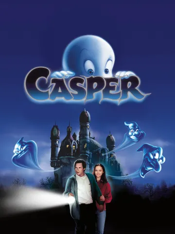 A man and young girl are looking for something with a flashlight, there is a castle in the  background. There are cartoon ghosts coming out of the building with another peeking out over the movie title above them