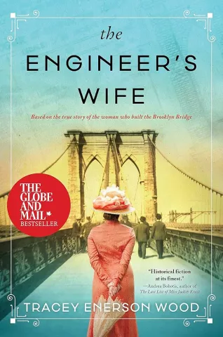 Image of a woman in a pink dress, with her back to us. She is  facing the Brooklyn bridge with a yellow and blue background mimicking the sky