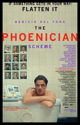 a man sitting in a bath tub is facing the camera with a scowl on his face, behind him is an arrangement of photos of the other characters from the film