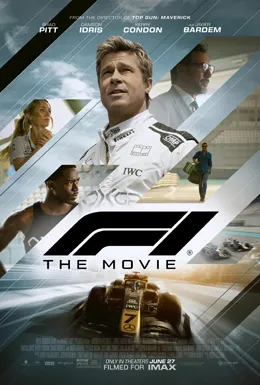 there is a collage of characters faces in the top of the image, and an image of a racetrack in the lower section. The movie logo/title is in the middle in Black letters