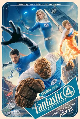 four superheroes are leaning toward the camera, displaying their different powers. One has been transformed into a rock-man, one is running while lit on fire, another is using their super-stretch to reach their hand toward the viewer, and the last is controlling the weather. All are in matching blue suits and moving through a metro area