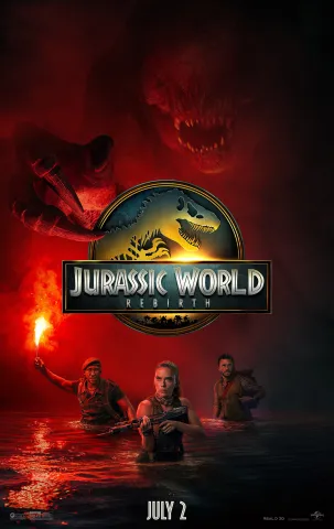 There are three people wading through water in the foreground, with a dinosaur lunging out at them throug the mist behind htem. The whole image is covered in a red filter, and the Jurassic World logo is over top